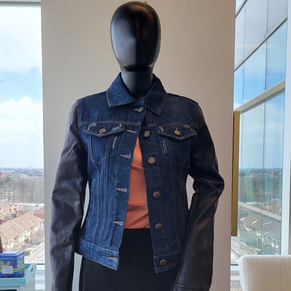 Laundry by Shelli Segal Distressed Denim Leather fusion jacket - Picture 3 of 11